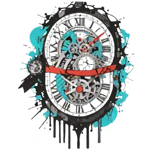 black and white clock with mechanism and teal stripe tattoo design idea