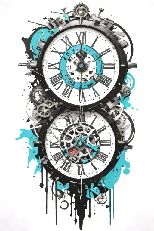 black and white clock with mechanism and teal stripe tattoo design idea