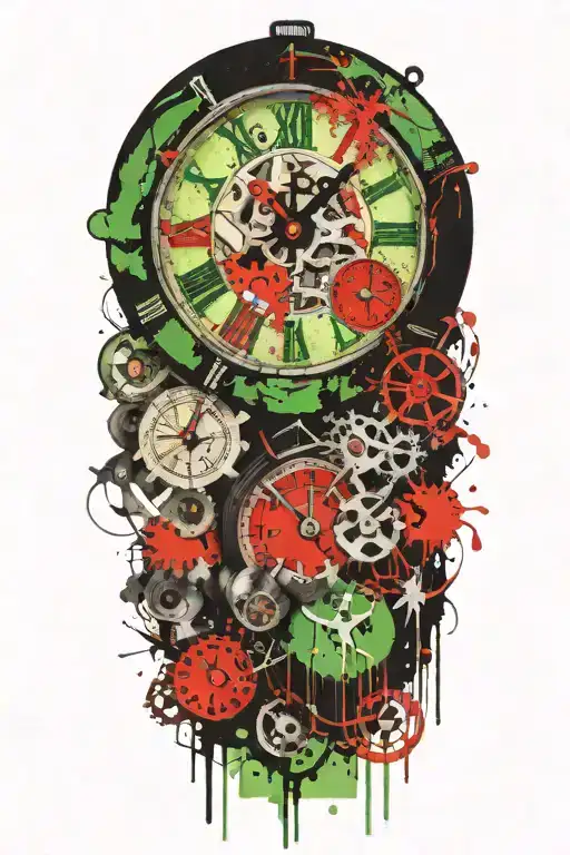 clock with mechanism and green stripe behind tattoo design idea