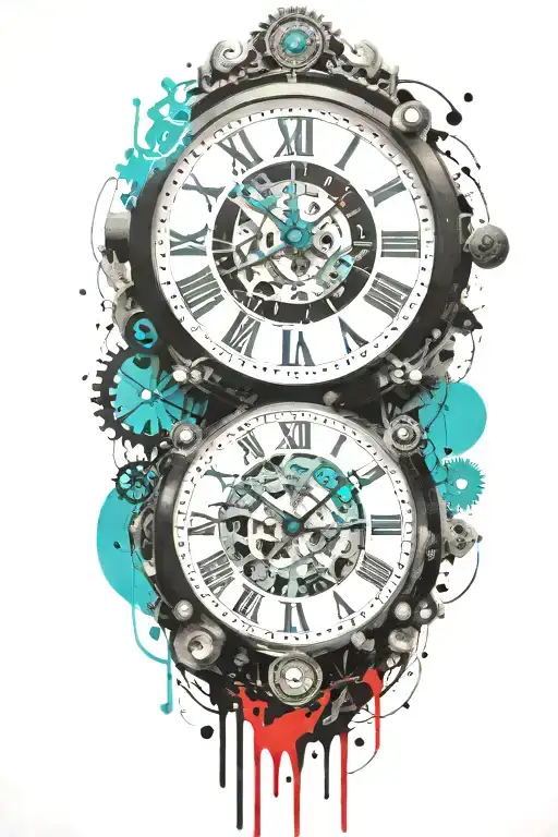 black and white clock with mechanism and teal stripe tattoo design idea