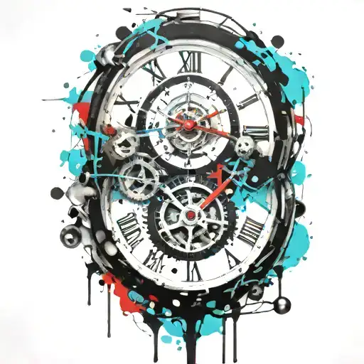 black and white clock with mechanism and teal stripe tattoo design idea