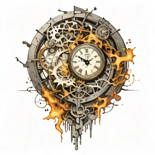 exploding broken  clock with mechanism tattoo design idea