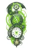 black and white clock with mechanism and green stripe tattoo design idea