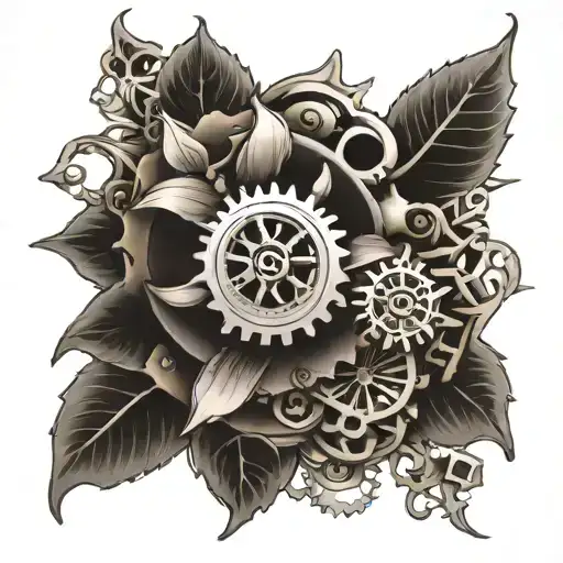 cogs and lillies wrapping tattoo design idea