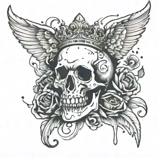ink splatter, crown, angel wing and skull tattoo design idea