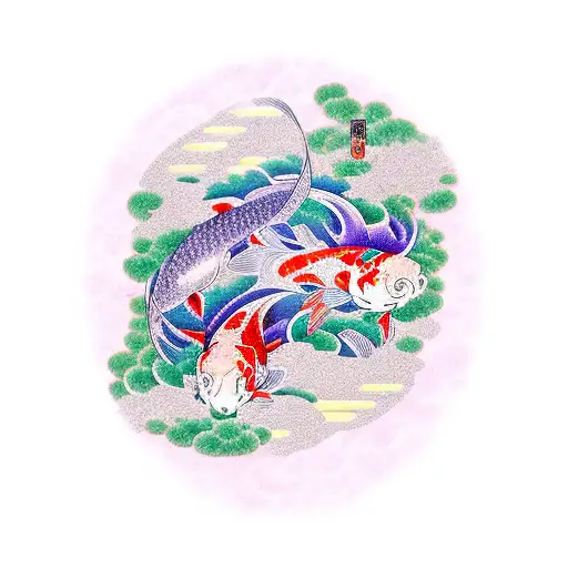 japanese back tattoo, two koi carp, sunset, purple waves, cherry tree, japanese style, line art, sushi,small house tattoo design idea