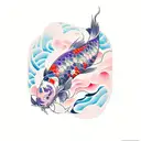 japanese back tattoo, two koi carp, sunset, purple waves, cherry tree, japanese style, line art, sushi,small house tattoo design idea