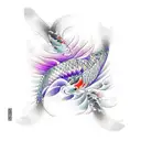 japanese back tattoo, two koi carp, sunset, purple waves, cherry tree, japanese style, line art, sushi,small house tattoo design idea