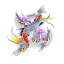 japanese back tattoo, two koi carp, sunset, purple waves, cherry tree, japanese style, line art, sushi,small house tattoo design idea