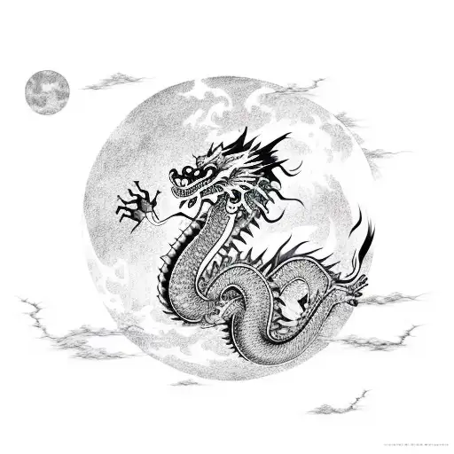 Ink style Chinese dragon circling a red moon with a Tori gate, black carp in the foreground tattoo design idea