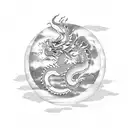 Ink style Chinese dragon circling a red moon with a Tori gate, black carp in the foreground tattoo design idea