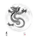 Ink style Chinese dragon circling a red moon with a Tori gate, black carp in the foreground tattoo design idea