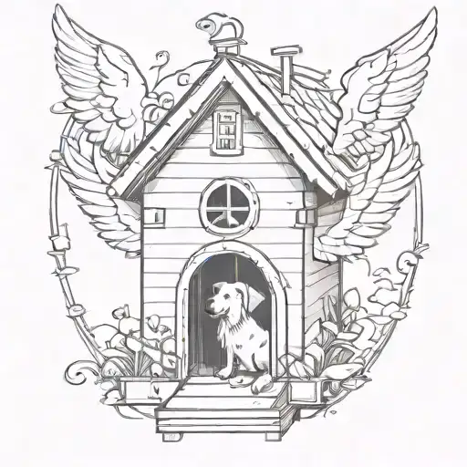 A doghouse with wings and a question mark in the aisle tattoo design idea