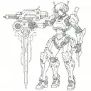 girl full length robot in hand weapon cyberpunk anime cydersigilism tattoo design idea