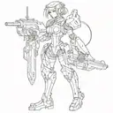girl full length robot in hand weapon cyberpunk anime cydersigilism tattoo design idea