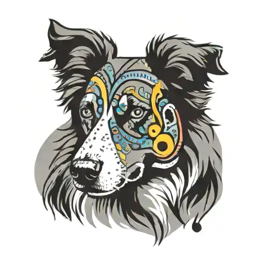 A colorful abstract design incorporating music theory symbols and a silhouette of an Australian Shepherd tattoo design idea