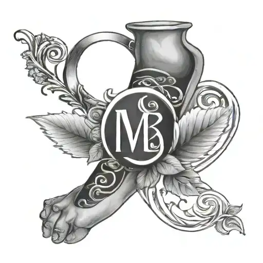 Ankle bracelet type ankle tattoo with: the letters M S Q and T, a horseshoe, a rose, a leaf tattoo design idea