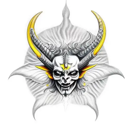 devil wearing a cracked and chipped angel mask with halo about the horns tattoo design idea