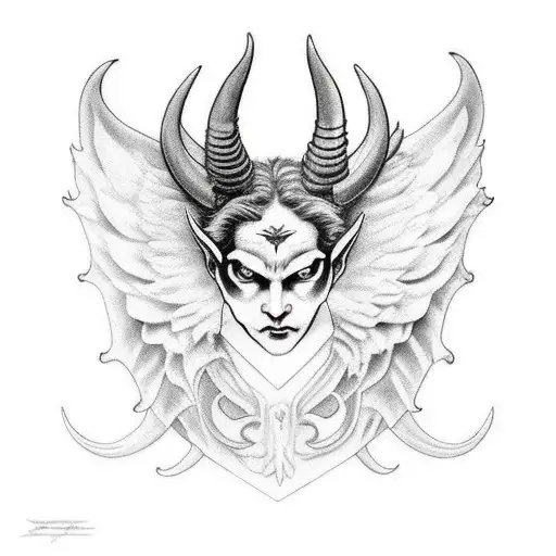 devil wearing a angel mask with halo about the horns tattoo design idea