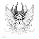 devil wearing a angel mask with halo about the horns tattoo design idea