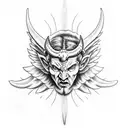 devil wearing a angel mask with halo about the horns tattoo design idea