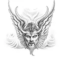 devil wearing a angel mask with halo about the horns tattoo design idea