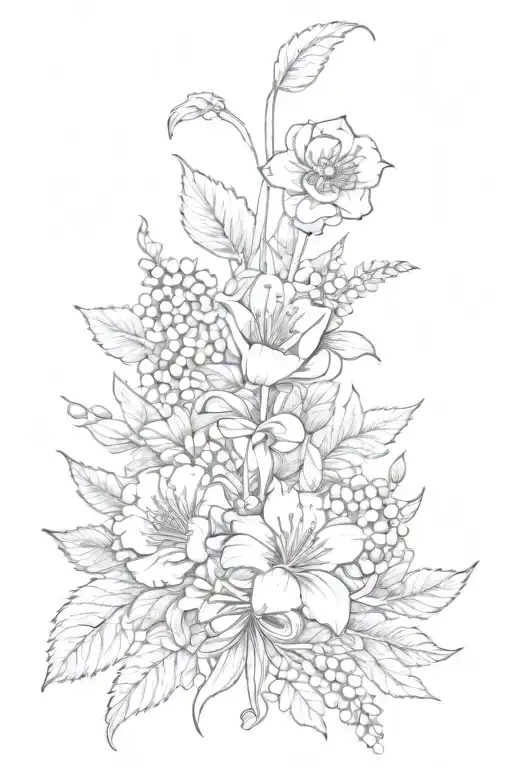 birth flower bouquet tied together with a ribbon January may september tattoo design idea