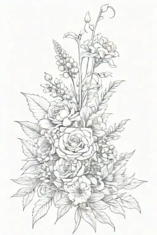 birth flower bouquet for January, May and September tied together with a ribbon tattoo design idea