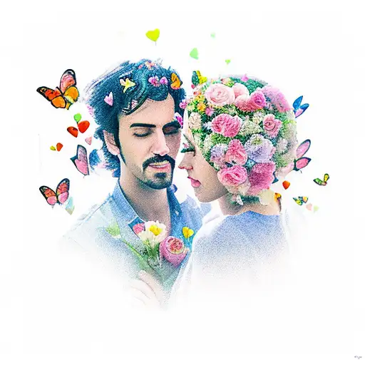 A romantic scene of Valentín and Mariana in a beautiful garden surrounded by flowers and butterflies tattoo design idea