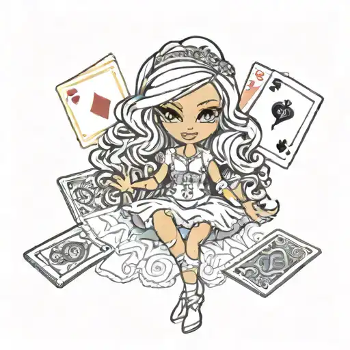 bratz doll with spiritual cards shuffling  tattoo design idea
