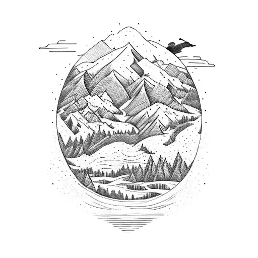 nature witn mountains, river, snow capped mountains, trees, sunset, birds, houses tattoo design idea