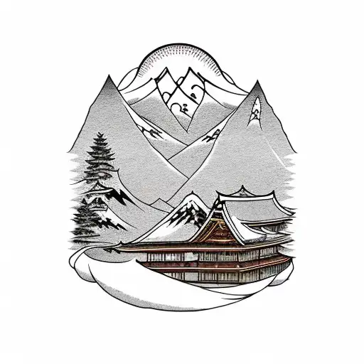 nature witn mountains, river, snow capped mountains, trees, sunset, birds, houses colored tattoo design idea