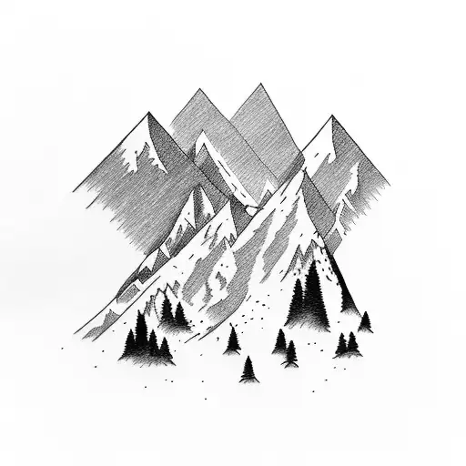 nature witn mountains, river, snow capped mountains  tattoo design idea