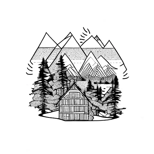 nature witn mountains, river, snow capped mountains, trees, sunset, birds, houses colored tattoo design idea