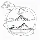 A minimalist outline of the silhouette of Reunion Island with a small sketch of a volcano in the center tattoo design idea