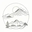 A minimalist outline of the silhouette of Reunion Island with a small sketch of a volcano in the center tattoo design idea
