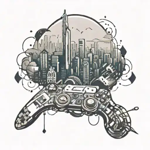 A futuristic gamer tattoo featuring a cityscape inspired by movie series and anime tattoo design idea