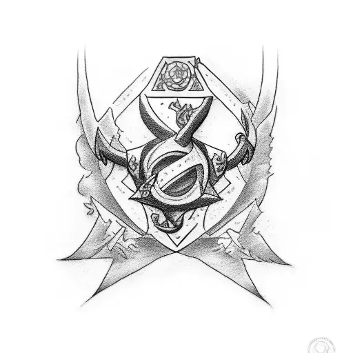 a tattoo for the arm bringing together the elements: magic the gatering, an anchor, pokemon league trophy, knights of th tattoo design idea
