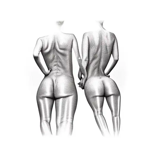 two females are standing side by side with their hands on each others butts tattoo design idea