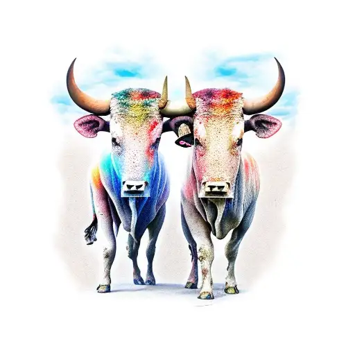 two females with large butts stand topless holding hands.  in the distance is the face of a bull with scars. tattoo design idea