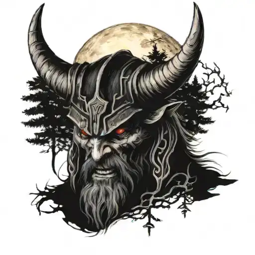 vikingo en un bosque oscuro con la luna roja al fondo con una marca de la bestia de doom tattoo design idea