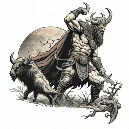 vikingo en pose de batalla en un bosque oscuro con la luna roja al fondo con una marca de la bestia de doom tattoo design idea