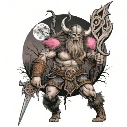 vikingo en pose de batalla en un bosque oscuro con la luna rosa al fondo con una marca de la bestia de doom tattoo design idea