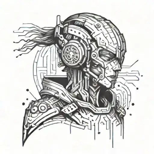 Create a tattoo of a hacker character surrounded by futuristic technology inspired by cyberpunk video games tattoo design idea