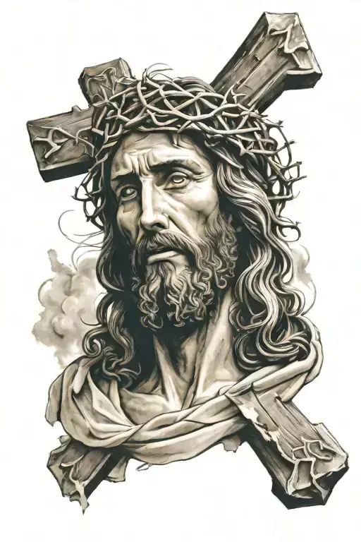 face of jesus christ with a cross below him tattoo design idea