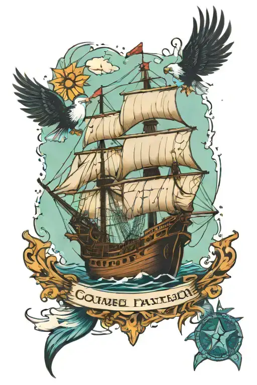 ancient ship with an eagle on it with the southern cruise constellation tattoo design idea