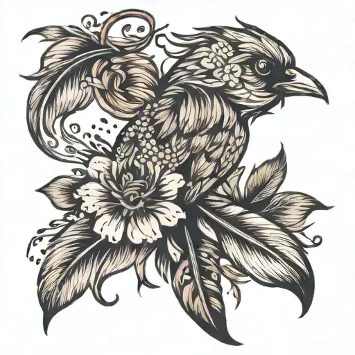 feather flower bird flying away tattoo design idea