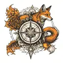 Fox, wolf, compass, crescent moon with a subtle text 'secretive' loyal and Driven tattoo design idea