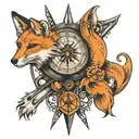 Fox, wolf, compass, crescent moon with a subtle text 'secretive' loyal and Driven tattoo design idea