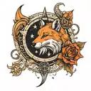 Fox, wolf, compass, crescent moon with a subtle text 'secretive' loyal and Driven tattoo design idea